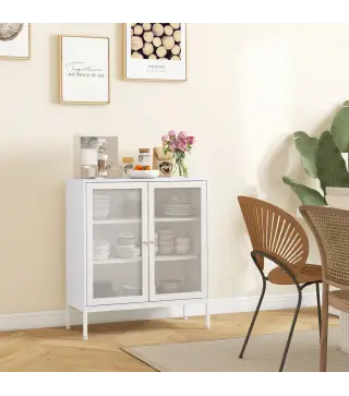 Aparador con 3 Estantes Mueble Auxiliar con Puertas de Rejilla Metálica y Estante Ajustable 80x37x92 cm Blanco