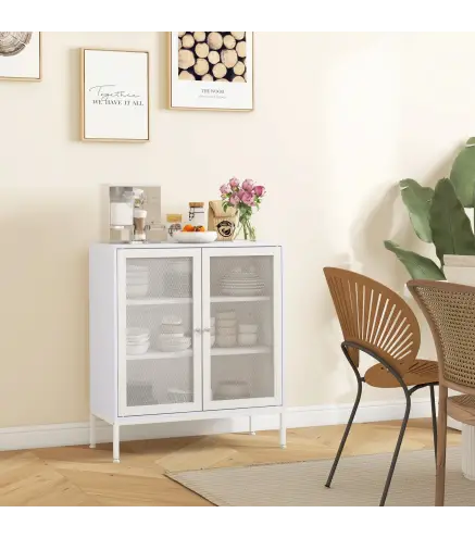 Aparador con 3 Estantes Mueble Auxiliar con Puertas de Rejilla Metálica y Estante Ajustable 80x37x92 cm Blanco