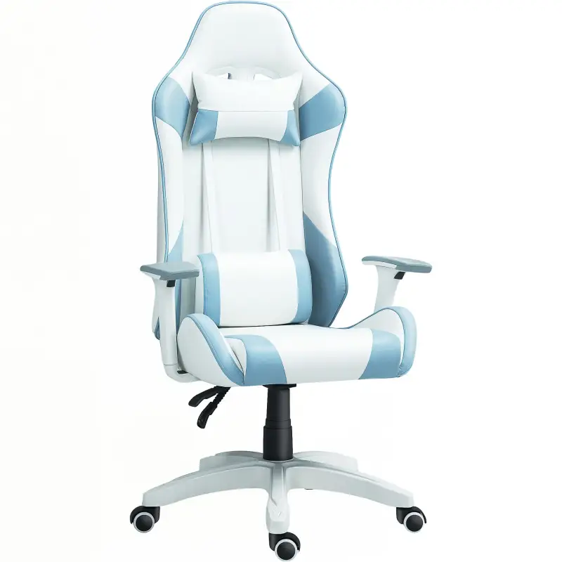 Silla Gamer con Cojín Lumbar Reposabrazos Ajustable Reposacabezas Extraíble y Altura Ajustable 67x60x120-128 cm Azul