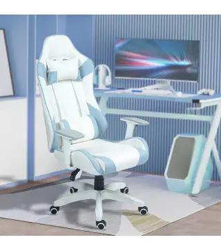 Silla Gamer con Cojín Lumbar Reposabrazos Ajustable Reposacabezas Extraíble y Altura Ajustable 67x60x120-128 cm Azul