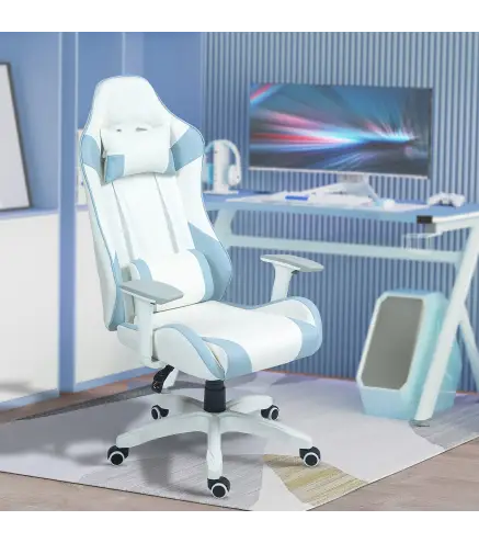 Silla Gamer con Cojín Lumbar Reposabrazos Ajustable Reposacabezas Extraíble y Altura Ajustable 67x60x120-128 cm Azul