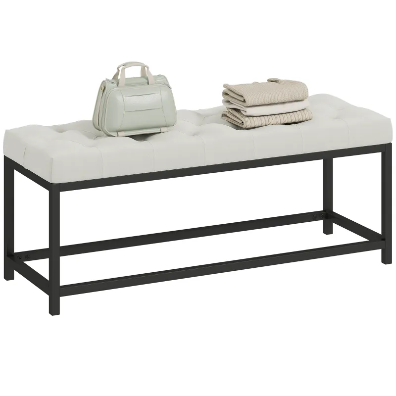 Banco Pie de Cama Tapizado en Terciopelo Diseño Capitoné Base de Metal para Dormitorio Entrada Salón Crema