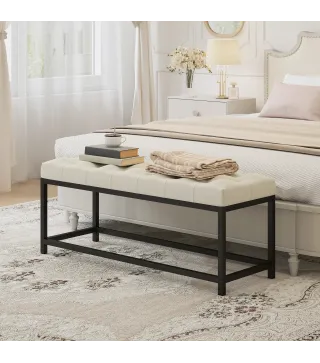 Banco Pie de Cama Tapizado en Terciopelo Diseño Capitoné Base de Metal para Dormitorio Entrada Salón Crema