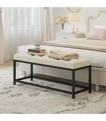 Banco Pie de Cama Tapizado en Terciopelo Diseño Capitoné Base de Metal para Dormitorio Entrada Salón Crema