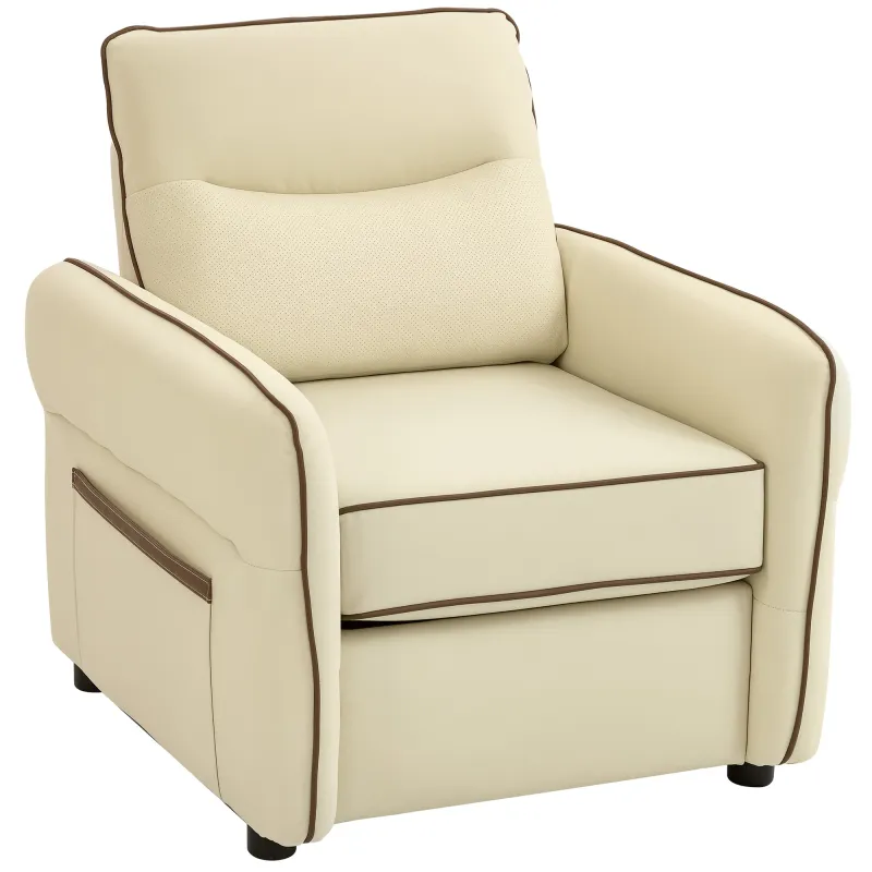Butaca de Salón Tapizada en Cuero Sintético Sillón Relax con Reposabrazos Acolchado Grueso para Dormitorio Beige