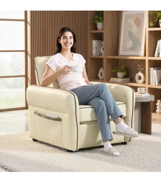 Butaca de Salón Tapizada en Cuero Sintético Sillón Relax con Reposabrazos Acolchado Grueso para Dormitorio Beige
