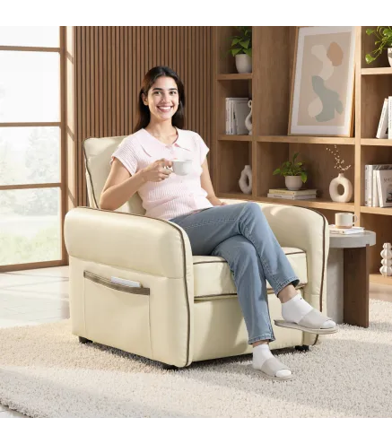 Butaca de Salón Tapizada en Cuero Sintético Sillón Relax con Reposabrazos Acolchado Grueso para Dormitorio Beige