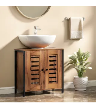 Mueble Bajo Lavabo Industrial 2 Puertas de Lamas con Cierre Magnético Estante Ajustable 60x30x60 cm Marrón Rústico