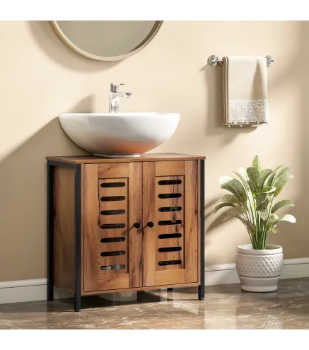 Mueble Bajo Lavabo Industrial 2 Puertas de Lamas con Cierre Magnético Estante Ajustable 60x30x60 cm Marrón Rústico