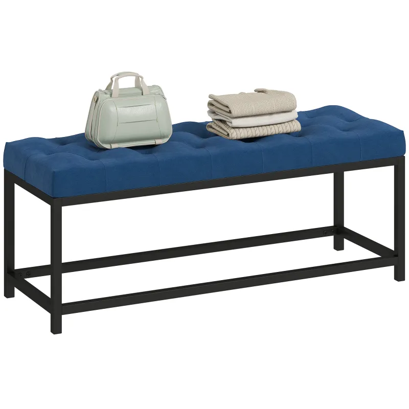 Banco Pie de Cama Tapizado en Terciopelo Diseño Capitoné Base de Metal para Dormitorio Entrada Salón Azul Oscuro