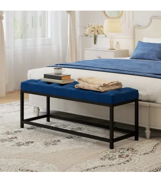 Banco Pie de Cama Tapizado en Terciopelo Diseño Capitoné Base de Metal para Dormitorio Entrada Salón Azul Oscuro