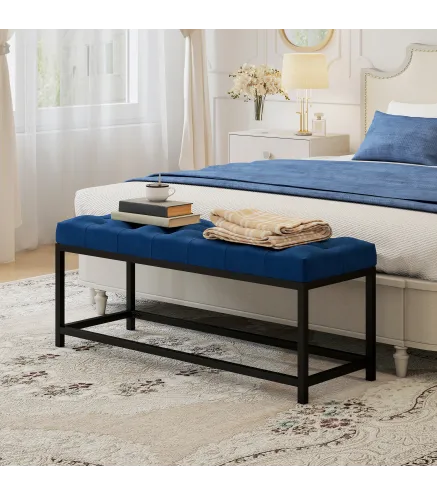 Banco Pie de Cama Tapizado en Terciopelo Diseño Capitoné Base de Metal para Dormitorio Entrada Salón Azul Oscuro
