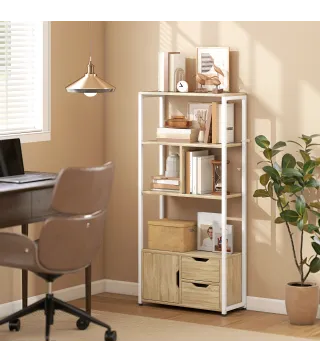 Librería Estantería para Libros con Estantes Cajones y Puerta 58x24x122 cm Estilo Industrial Blanco y Madera Natural