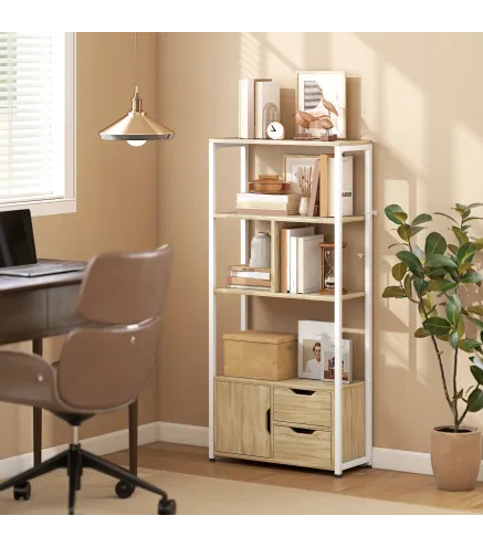 Librería Estantería para Libros con Estantes Cajones y Puerta 58x24x122 cm Estilo Industrial Blanco y Madera Natural