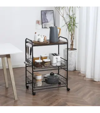 Carrito Auxiliar con Ruedas de 3 Niveles Carrito de Cocina con 2 Cestas y 4 Ganchos 60x38x85,5 cm Marrón Rústico