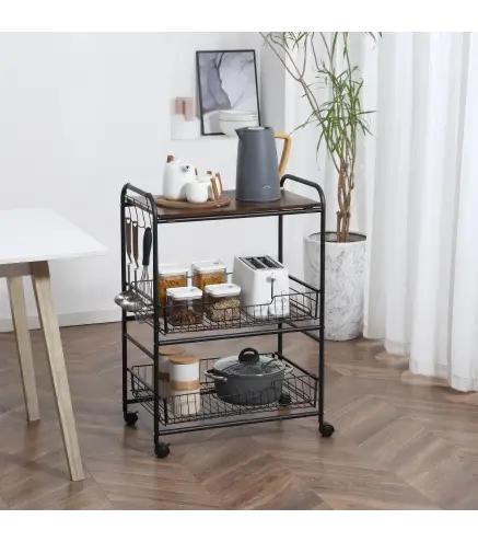 Carrito Auxiliar con Ruedas de 3 Niveles Carrito de Cocina con 2 Cestas y 4 Ganchos 60x38x85,5 cm Marrón Rústico