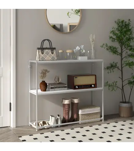 Mesa de Entrada con Estante Abierto y Estructura de Acero Antivuelco para Salón Pasillo 100x30x87 cm Blanco