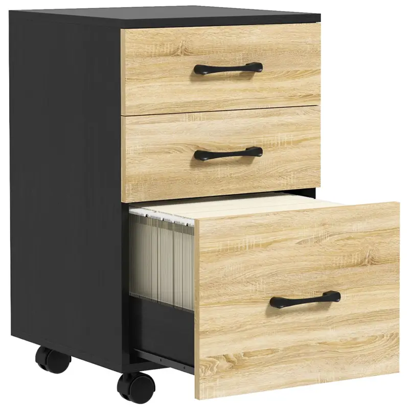 Cajonera de Oficina Mueble Archivador con Ruedas y Cajones y Barra Colgante para Archivos 40x42x65 cm Roble y Negro