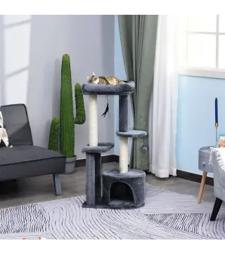 Rascador para Gatos con Postes de Sisal y Felpa Suave con Cama Cueva Plataformas Bola y Pluma 48x35x100 cm Gris y Beige