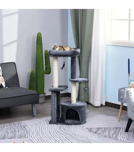 Rascador para Gatos con Postes de Sisal y Felpa Suave con Cama Cueva Plataformas Bola y Pluma 48x35x100 cm Gris y Beige