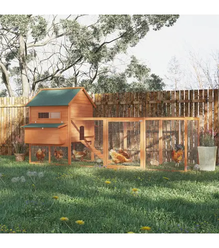 Gallinero de Exterior de Madera para 8-10 Gallinas con 2 Nidos Bandeja Extraíble y Rampa 347x160x150 cm Madera natural