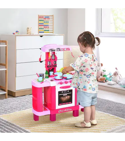 Cocina de Juguete para Niños Mayores de 3 Años con 38 Accesorios Luz Sonido Juegos de Rol Temprano Educativo 78x29x87 cm Rosa