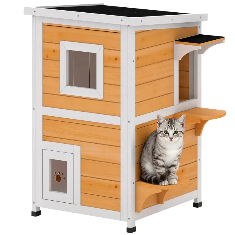 Caseta para Gatos de Madera Exterior de 2 Niveles con Techo Abatible Panel Central Extraíble 51x51x81,3 cm Natural Caseta para Gatos de Madera Exterior de 2 Niveles con Techo Abatible Panel Central Extraíble 51x51x81,3 cm Natural