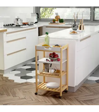 Carrito de Cocina de 4 Niveles Carrito Verdulero Carro Multiusos con 2 Bandejas Extraíblse y Estante 40x30x76 cm Blanco