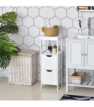 Armario de Baño Gabinete Multifuncional con Estante Abierto 2 Cajones de Almacenaje Diseño Antivuelco 30x30x89 cm Blanco