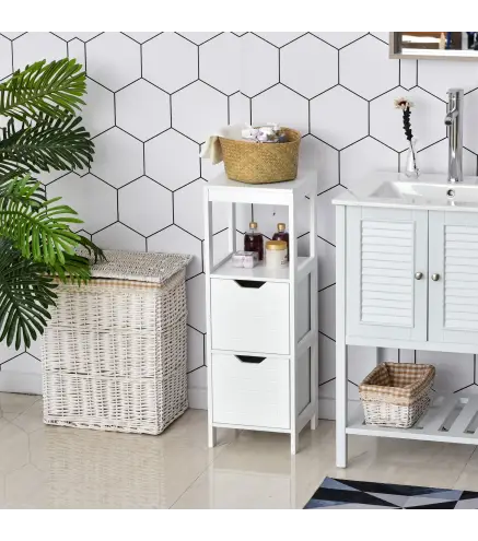 Armario de Baño Gabinete Multifuncional con Estante Abierto 2 Cajones de Almacenaje Diseño Antivuelco 30x30x89 cm Blanco