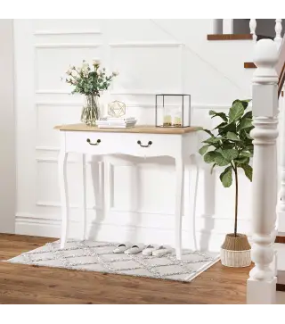 Mesa de Consola con 2 Cajones Diseño de Retro para Entrada Pasillo Sala de Estar Dormitorio Pino 87x34x78,5 cm Blanco