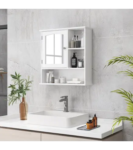 Armario de Baño con Espejo de Gran Almacenaje Armario Montado en la Pared con Estante Ajustable Interior y Estantes Abiertos 60x