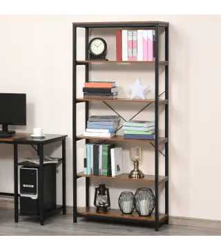 Estantería Estilo Industrial Retro con 6 Estantes Abiertos para Libros y sistema Antivuelco Almacenaje para Salón Oficin