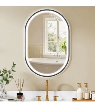 Espejo de Baño con Luz 60x90 cm Espejo de Pared Ovalado 3 Colores de Luz Brillo Regulable Función Antivaho Negro