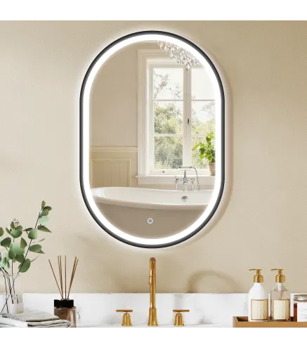 Espejo de Baño con Luz 60x90 cm Espejo de Pared Ovalado 3 Colores de Luz Brillo Regulable Función Antivaho Negro