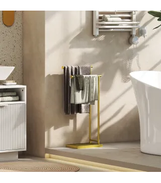 Toallero de Pie con 2 Barras y Marco Metálico Toallero de Baño Moderno en Forma de L 35,5x20x78 cm Dorado
