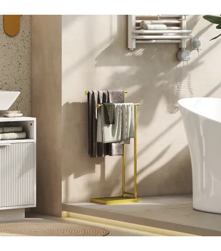Toallero de Pie con 2 Barras y Marco Metálico Toallero de Baño Moderno en Forma de L 35,5x20x78 cm Dorado