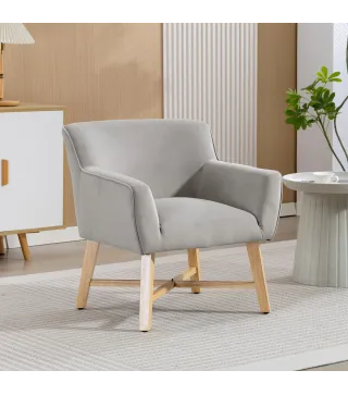 Butaca de Salón Tapizada en Terciopelo con Reposabrazos Acolchados y Patas de Madera Cruzadas 67x65x74 cm Gris Claro