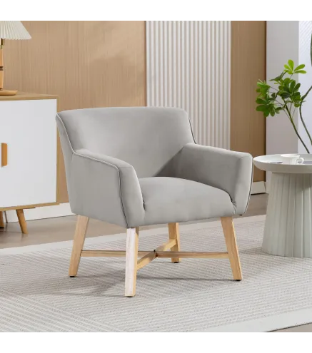 Butaca de Salón Tapizada en Terciopelo con Reposabrazos Acolchados y Patas de Madera Cruzadas 67x65x74 cm Gris Claro