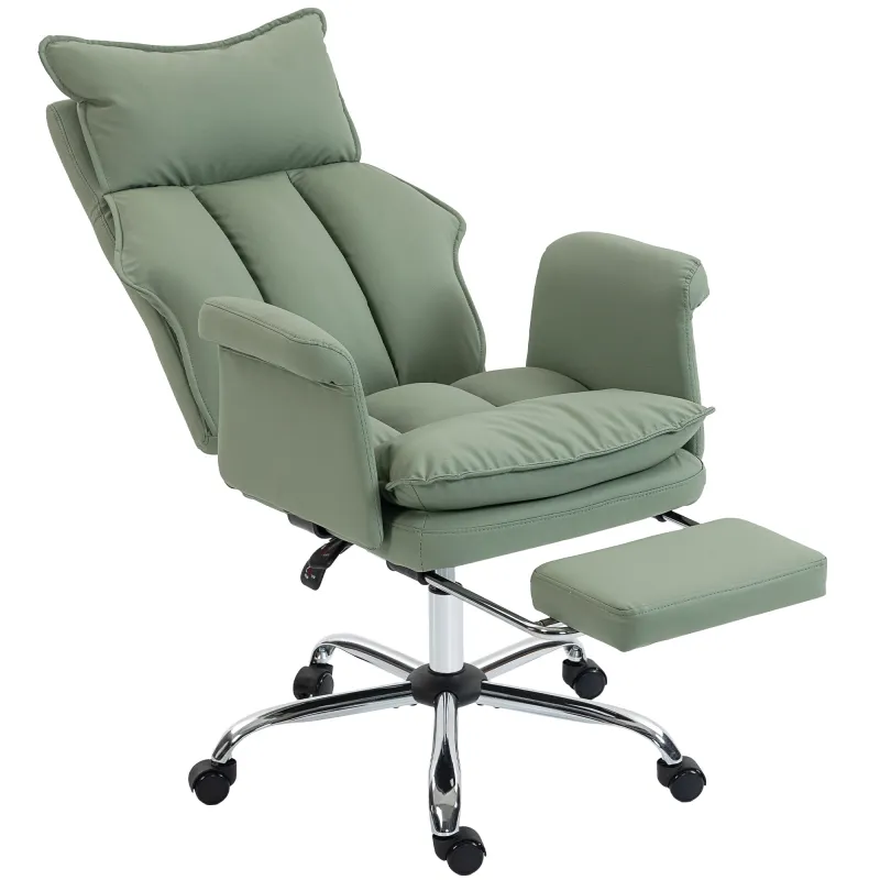 Silla de Escritorio con Reposapiés Respaldo Reclinable Alto Acolchado Grueso Tapizada en Cuero Sintético Ruedas Verde