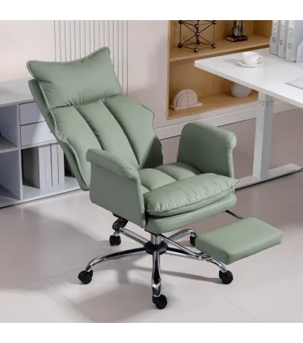 Silla de Escritorio con Reposapiés Respaldo Reclinable Alto Acolchado Grueso Tapizada en Cuero Sintético Ruedas Verde