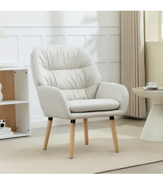 Sillón de Salón Moderno Acolchado de Doble Capa Tapizado en Cuero Sintético Patas de Madera 68x74x89 cm Crema