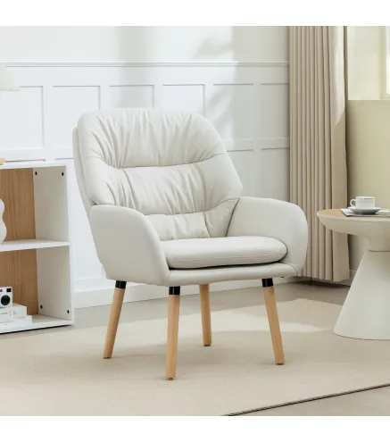 Sillón de Salón Moderno Acolchado de Doble Capa Tapizado en Cuero Sintético Patas de Madera 68x74x89 cm Crema