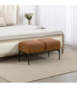 Taburete Pie de Cama Moderno de Cuero Sintético con Asiento Acolchado Grueso y Patas de Acero 80x40x46 cm Marrón