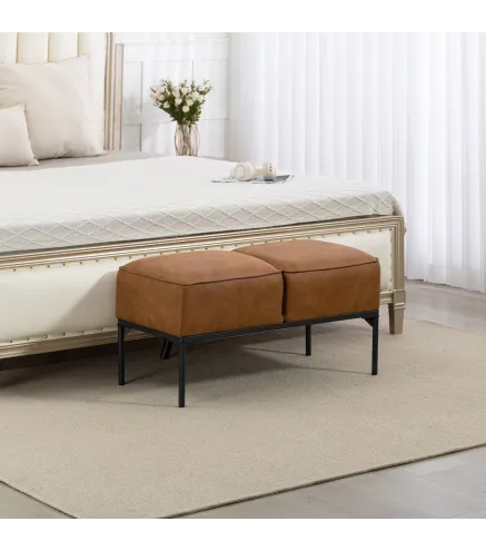 Taburete Pie de Cama Moderno de Cuero Sintético con Asiento Acolchado Grueso y Patas de Acero 80x40x46 cm Marrón
