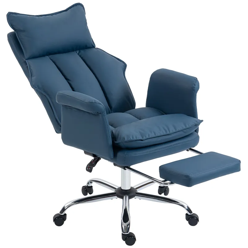 Silla de Escritorio con Reposapiés Respaldo Reclinable Alto Acolchado Grueso Tapizada en Cuero Sintético Ruedas Azul
