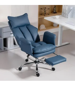 Silla de Escritorio con Reposapiés Respaldo Reclinable Alto Acolchado Grueso Tapizada en Cuero Sintético Ruedas Azul