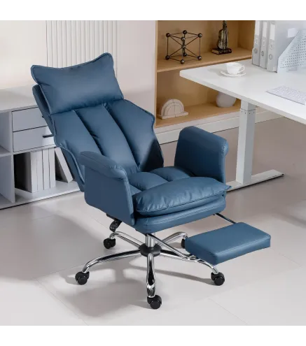 Silla de Escritorio con Reposapiés Respaldo Reclinable Alto Acolchado Grueso Tapizada en Cuero Sintético Ruedas Azul