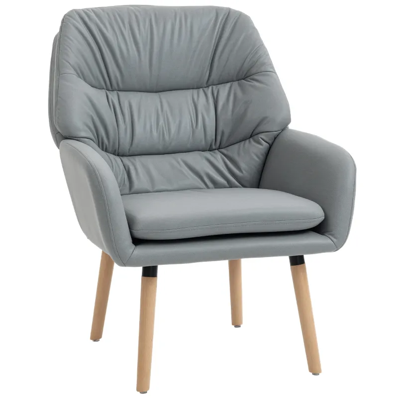 Sillón de Salón Moderno Acolchado de Doble Capa Tapizado en Cuero Sintético Patas de Madera 68x74x89 cm Gris