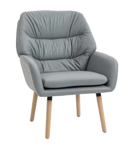 Sillón de Salón Moderno Acolchado de Doble Capa Tapizado en Cuero Sintético Patas de Madera 68x74x89 cm Gris